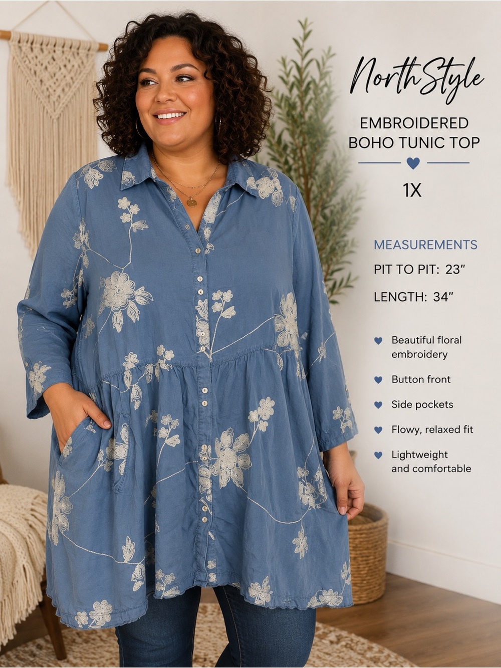 NorthStyle Embroidered Fall Boho Tunic Top – 1X